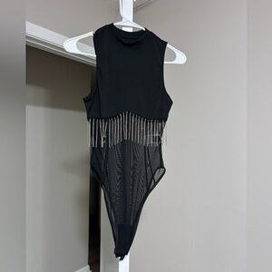 Black Sleeveless Bodysuit with Silver Fringe
